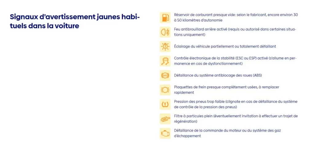 signaux d'avertissement jaunes dans la voiture