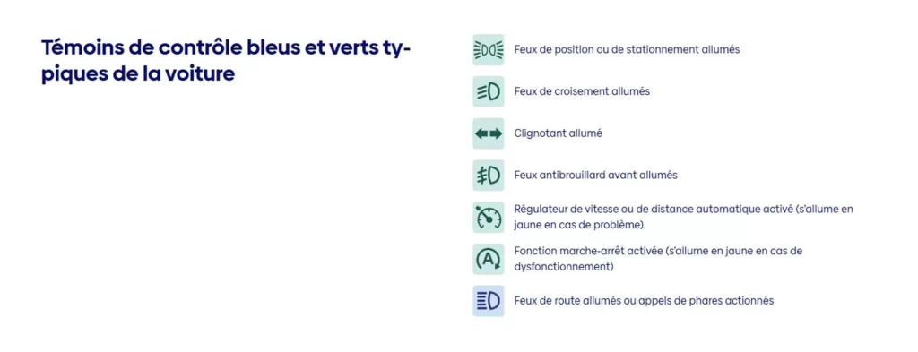 témoins bleus et verts dans la voiture